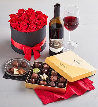 Magnificent Roses, Godiva Chocolates & Wines